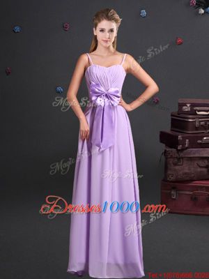 One Shoulder Floor Length Lavender Damas Dress Chiffon Sleeveless Ruching and Bowknot and Hand Made Flower