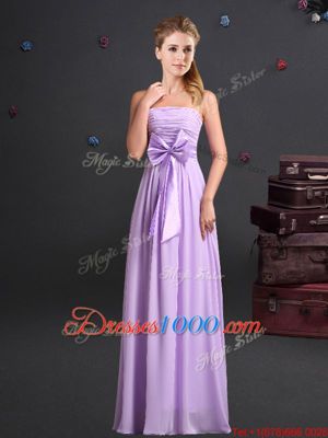 One Shoulder Floor Length Lavender Damas Dress Chiffon Sleeveless Ruching and Bowknot and Hand Made Flower