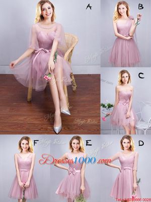 Scoop Sleeveless Mini Length Ruffles and Ruching and Bowknot and Hand Made Flower Lace Up Vestidos de Damas with Pink