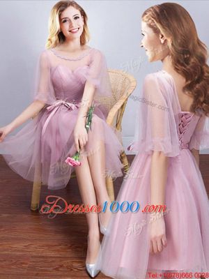 Scoop Sleeveless Mini Length Ruffles and Ruching and Bowknot and Hand Made Flower Lace Up Vestidos de Damas with Pink