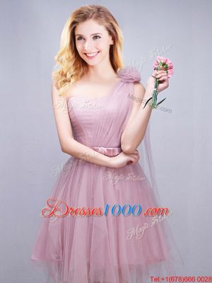 Scoop Sleeveless Mini Length Ruffles and Ruching and Bowknot and Hand Made Flower Lace Up Vestidos de Damas with Pink