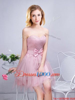 Scoop Sleeveless Mini Length Ruffles and Ruching and Bowknot and Hand Made Flower Lace Up Vestidos de Damas with Pink