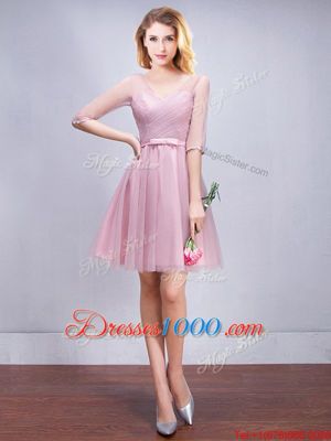 Scoop Sleeveless Mini Length Ruffles and Ruching and Bowknot and Hand Made Flower Lace Up Vestidos de Damas with Pink