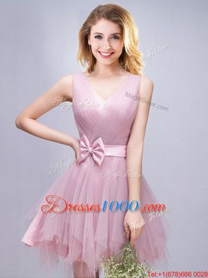 Scoop Sleeveless Mini Length Ruffles and Ruching and Bowknot and Hand Made Flower Lace Up Vestidos de Damas with Pink