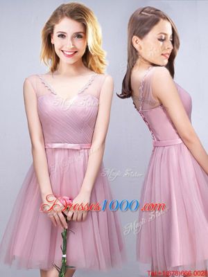 Scoop Sleeveless Mini Length Ruffles and Ruching and Bowknot and Hand Made Flower Lace Up Vestidos de Damas with Pink