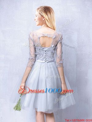 Flare Grey Scoop Neckline Lace and Appliques and Belt Bridesmaid Dresses Half Sleeves Lace Up