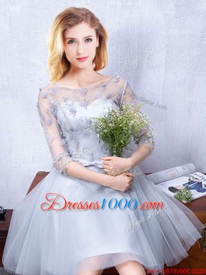 Flare Grey Scoop Neckline Lace and Appliques and Belt Bridesmaid Dresses Half Sleeves Lace Up