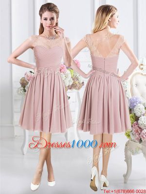 Attractive Scoop Pink A-line Lace and Ruching Bridesmaids Dress Zipper Chiffon Cap Sleeves Knee Length