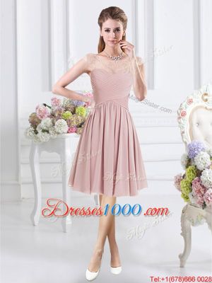 Attractive Scoop Pink A-line Lace and Ruching Bridesmaids Dress Zipper Chiffon Cap Sleeves Knee Length