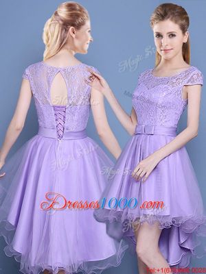 Affordable Scoop Cap Sleeves High Low Lace Lace Up Vestidos de Damas with Lavender