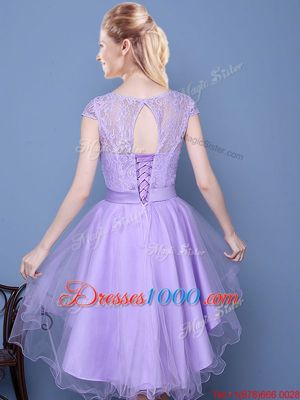 Affordable Scoop Cap Sleeves High Low Lace Lace Up Vestidos de Damas with Lavender