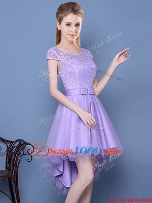 Affordable Scoop Cap Sleeves High Low Lace Lace Up Vestidos de Damas with Lavender