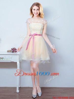Scoop Short Sleeves Tulle Bridesmaid Dress Lace and Appliques and Ruffles and Bowknot Lace Up