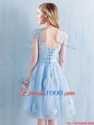Enchanting Scoop Knee Length Light Blue Court Dresses for Sweet 16 Tulle Short Sleeves Appliques and Bowknot