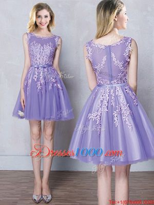 Clearance Scoop Mini Length Lavender Bridesmaids Dress Tulle Sleeveless Appliques and Belt