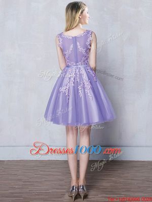 Clearance Scoop Mini Length Lavender Bridesmaids Dress Tulle Sleeveless Appliques and Belt