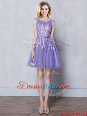 Clearance Scoop Mini Length Lavender Bridesmaids Dress Tulle Sleeveless Appliques and Belt