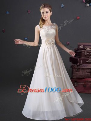 Dramatic White Empire Chiffon Scoop Sleeveless Lace and Appliques and Bowknot Floor Length Zipper Dama Dress for Quinceanera