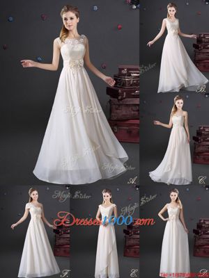 Dramatic White Empire Chiffon Scoop Sleeveless Lace and Appliques and Bowknot Floor Length Zipper Dama Dress for Quinceanera