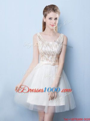 New Arrival Square Champagne Lace Up Quinceanera Court of Honor Dress Sequins and Bowknot Sleeveless Mini Length