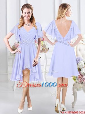 Exquisite Chiffon V-neck Short Sleeves Zipper Ruching Court Dresses for Sweet 16 in Lavender