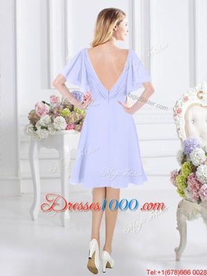 Exquisite Chiffon V-neck Short Sleeves Zipper Ruching Court Dresses for Sweet 16 in Lavender