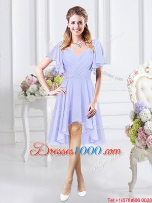 Exquisite Chiffon V-neck Short Sleeves Zipper Ruching Court Dresses for Sweet 16 in Lavender