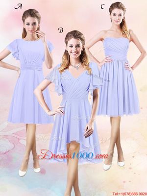 Exquisite Chiffon V-neck Short Sleeves Zipper Ruching Court Dresses for Sweet 16 in Lavender