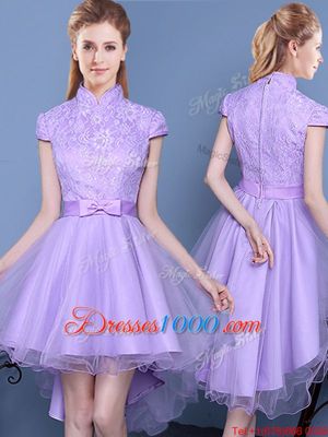 Suitable Lace and Bowknot and Belt Quinceanera Court of Honor Dress Lavender Zipper Short Sleeves High Low