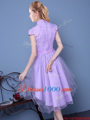 Suitable Lace and Bowknot and Belt Quinceanera Court of Honor Dress Lavender Zipper Short Sleeves High Low