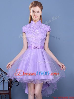 Suitable Lace and Bowknot and Belt Quinceanera Court of Honor Dress Lavender Zipper Short Sleeves High Low