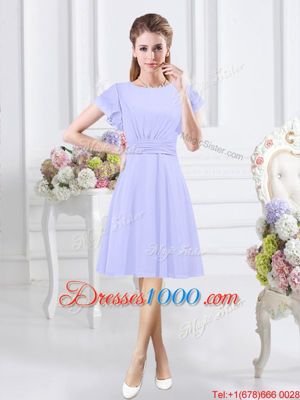 Chic Lavender Chiffon Side Zipper Scoop Short Sleeves Knee Length Wedding Party Dress Ruching