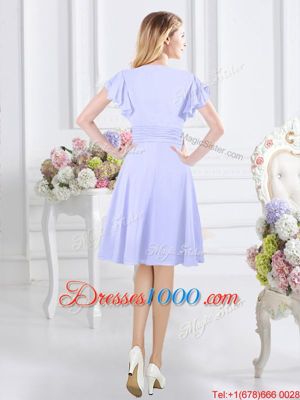 Chic Lavender Chiffon Side Zipper Scoop Short Sleeves Knee Length Wedding Party Dress Ruching