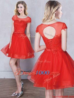 Spectacular Red and Pink and Grey Tulle Lace Up Scoop Short Sleeves Mini Length Quinceanera Dama Dress Appliques and Belt