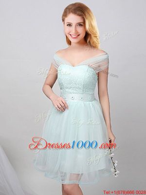 Discount Off the Shoulder Apple Green Short Sleeves Mini Length Lace and Appliques and Belt Lace Up Wedding Party Dress