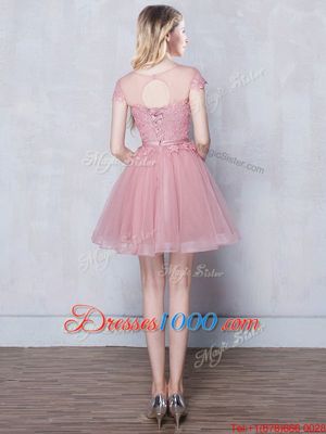 Simple Scoop Short Sleeves Mini Length Lace and Appliques and Belt Lace Up Bridesmaid Dress with Pink