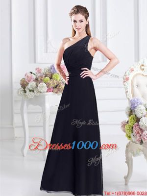 One Shoulder Floor Length Navy Blue Vestidos de Damas Chiffon Sleeveless Ruching