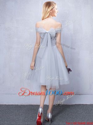 Smart Short Sleeves Grey Off The Shoulder Lace Up Lace and Appliques and Belt Bridesmaids Dress Sleeveless