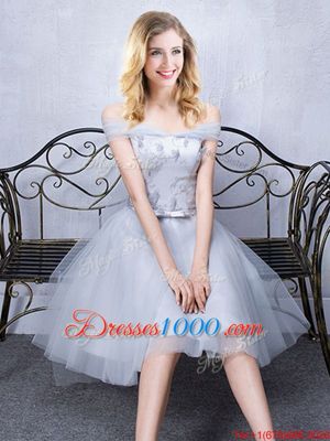 Smart Short Sleeves Grey Off The Shoulder Lace Up Lace and Appliques and Belt Bridesmaids Dress Sleeveless
