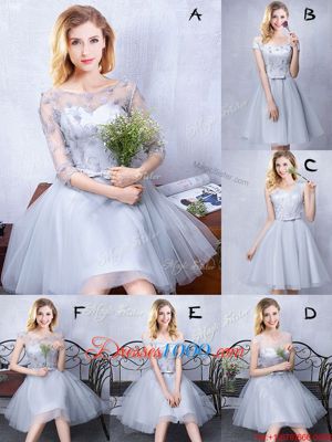 Smart Short Sleeves Grey Off The Shoulder Lace Up Lace and Appliques and Belt Bridesmaids Dress Sleeveless