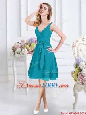 Sweet Chiffon Sleeveless Knee Length Bridesmaid Dresses and Ruching and Belt