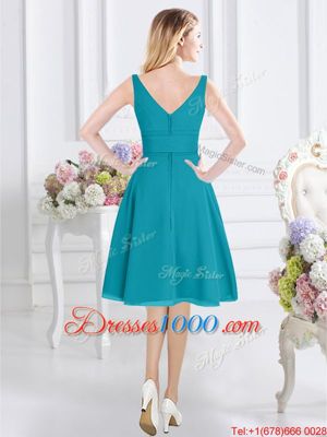 Sweet Chiffon Sleeveless Knee Length Bridesmaid Dresses and Ruching and Belt