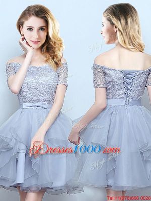 Designer Off the Shoulder Grey Sleeveless Organza Lace Up Court Dresses for Sweet 16 for Prom and Party and Wedding Party