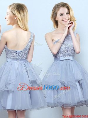 Designer Off the Shoulder Grey Sleeveless Organza Lace Up Court Dresses for Sweet 16 for Prom and Party and Wedding Party