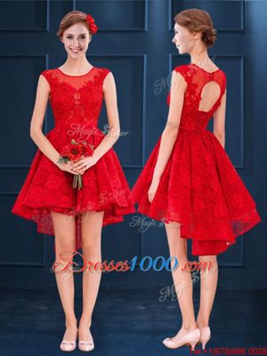 Lace Scoop Sleeveless Lace Up Lace Wedding Guest Dresses in Red