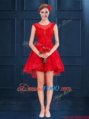 Lace Scoop Sleeveless Lace Up Lace Wedding Guest Dresses in Red