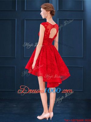 Lace Scoop Sleeveless Lace Up Lace Wedding Guest Dresses in Red