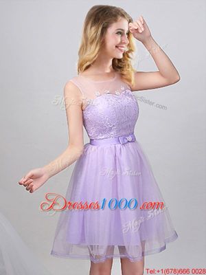 Beautiful Scoop Sleeveless Bridesmaid Gown Mini Length Lace and Appliques and Belt Lavender Tulle