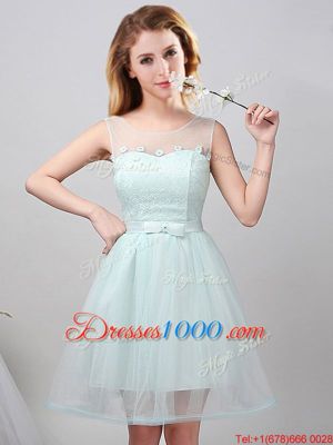 Scoop Apple Green Sleeveless Lace and Appliques and Belt Mini Length Dama Dress for Quinceanera