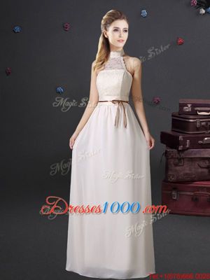 Stylish Halter Top Sleeveless Damas Dress Floor Length Lace and Belt White Chiffon